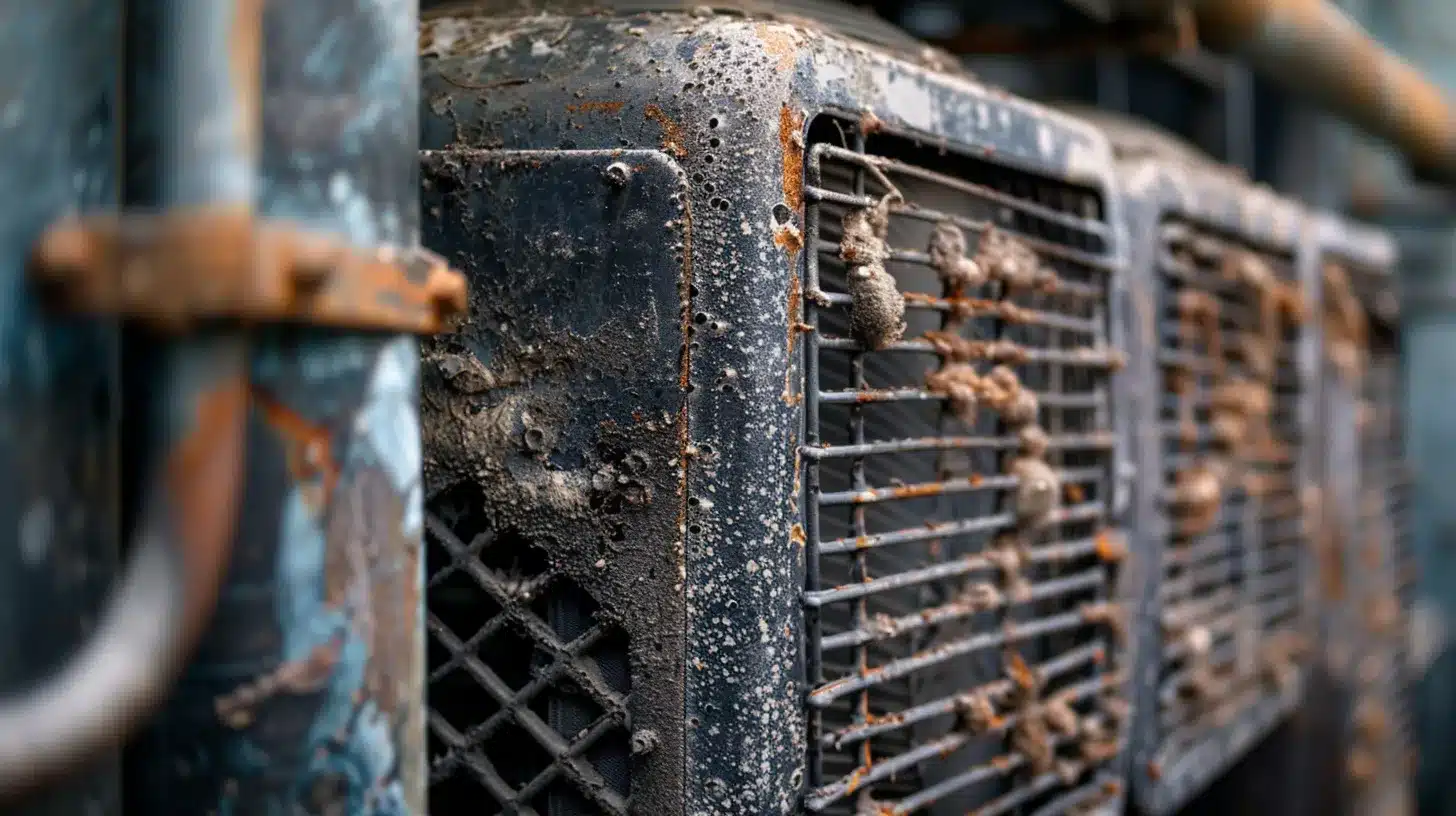 a close-up of worn hvac components—dust-covered filters, corroded ducts, and tarnished coils—bathed in dramatic lighting, emphasizing the urgency of maintenance for optimal system efficiency.