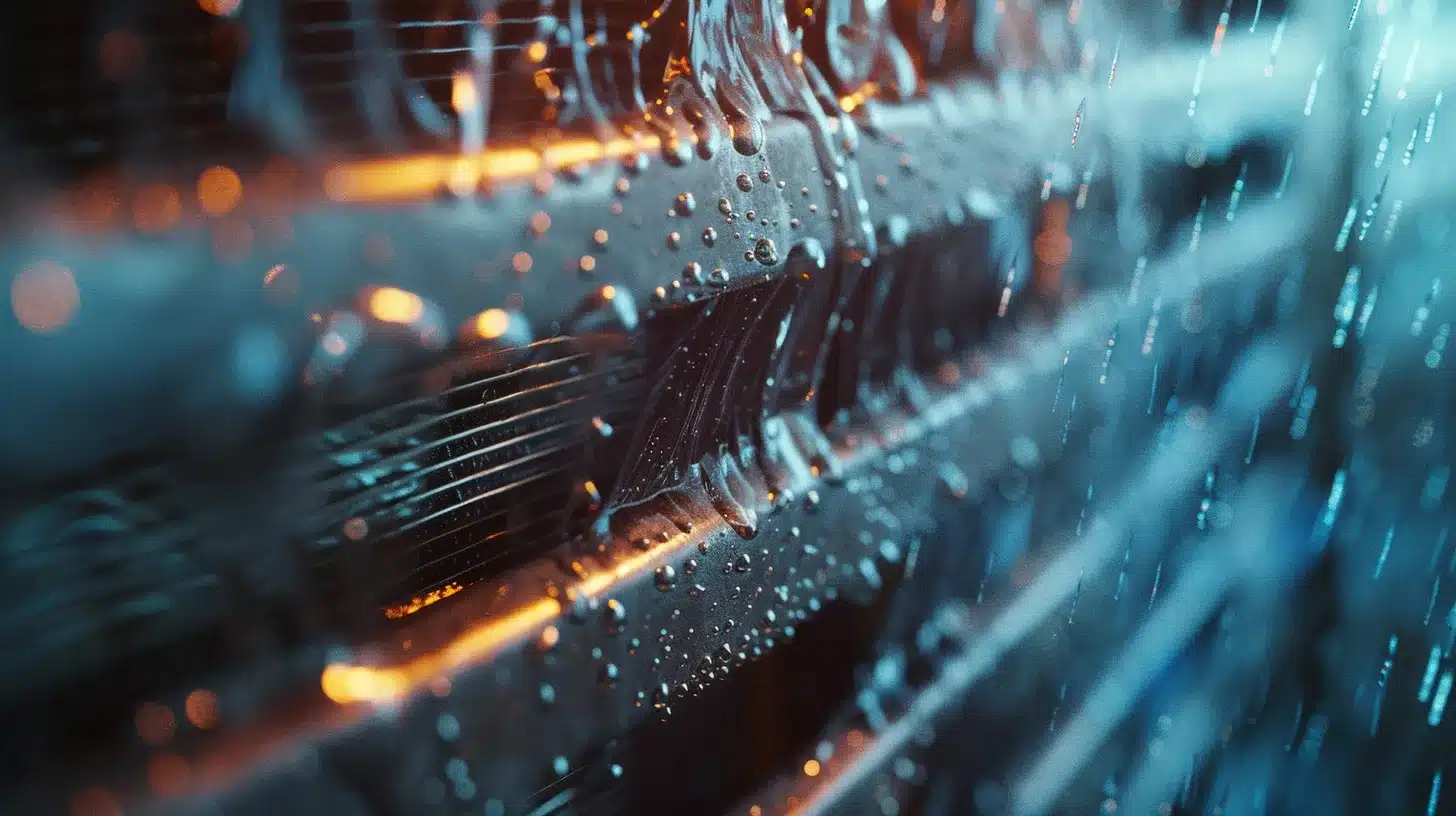 a close-up view of an hvac unit surrounded by glistening moisture and visible leaks, illuminated by soft, diffused lighting that accentuates the severity of potential damage and underscores the urgent need for maintenance.