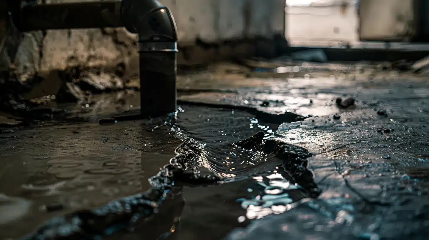 a dramatic close-up of a dark, murky water leak seeping through a cracked concrete floor in a dimly lit commercial space, highlighting the urgency of plumbing issues.