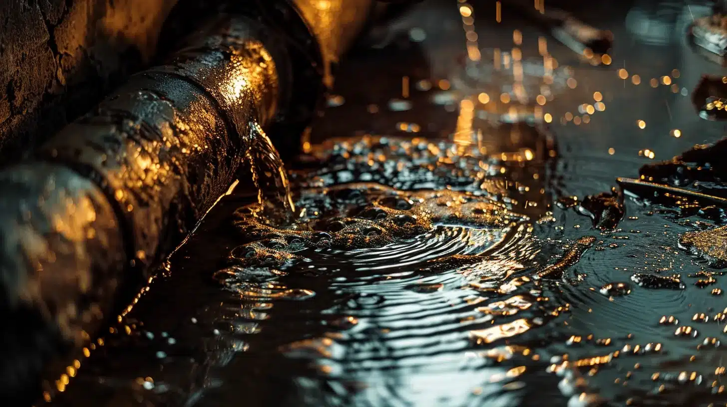 a dramatic close-up of rusty pipes leaking water in a dimly lit commercial basement, with puddles reflecting the urgency of plumbing neglect and the potential chaos of impending repairs.