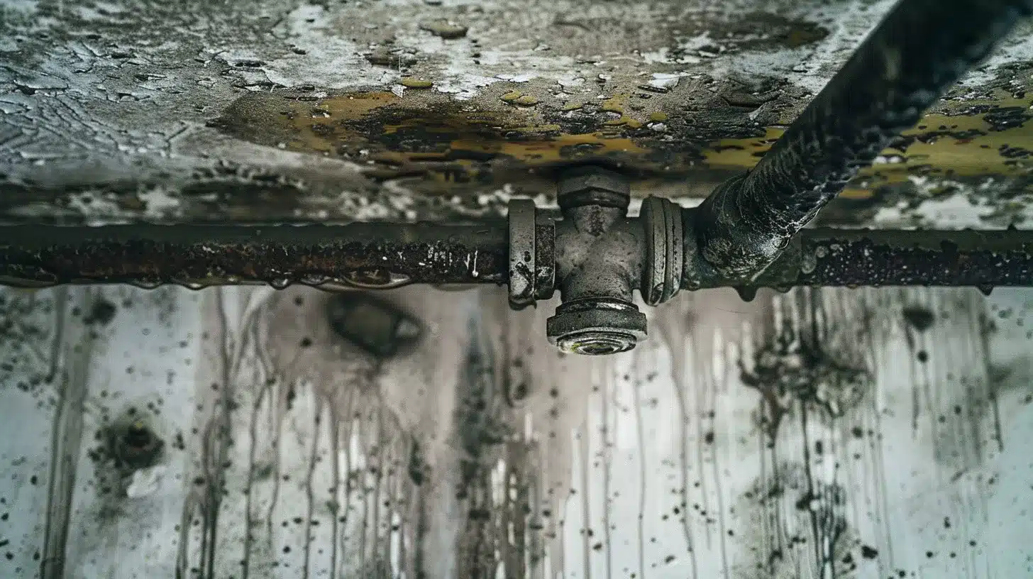 a dramatic close-up of water-stained commercial walls and damp ceilings under harsh, overhead lighting, emphasizing the urgent need for plumbing repairs amidst a backdrop of darkness and neglect.