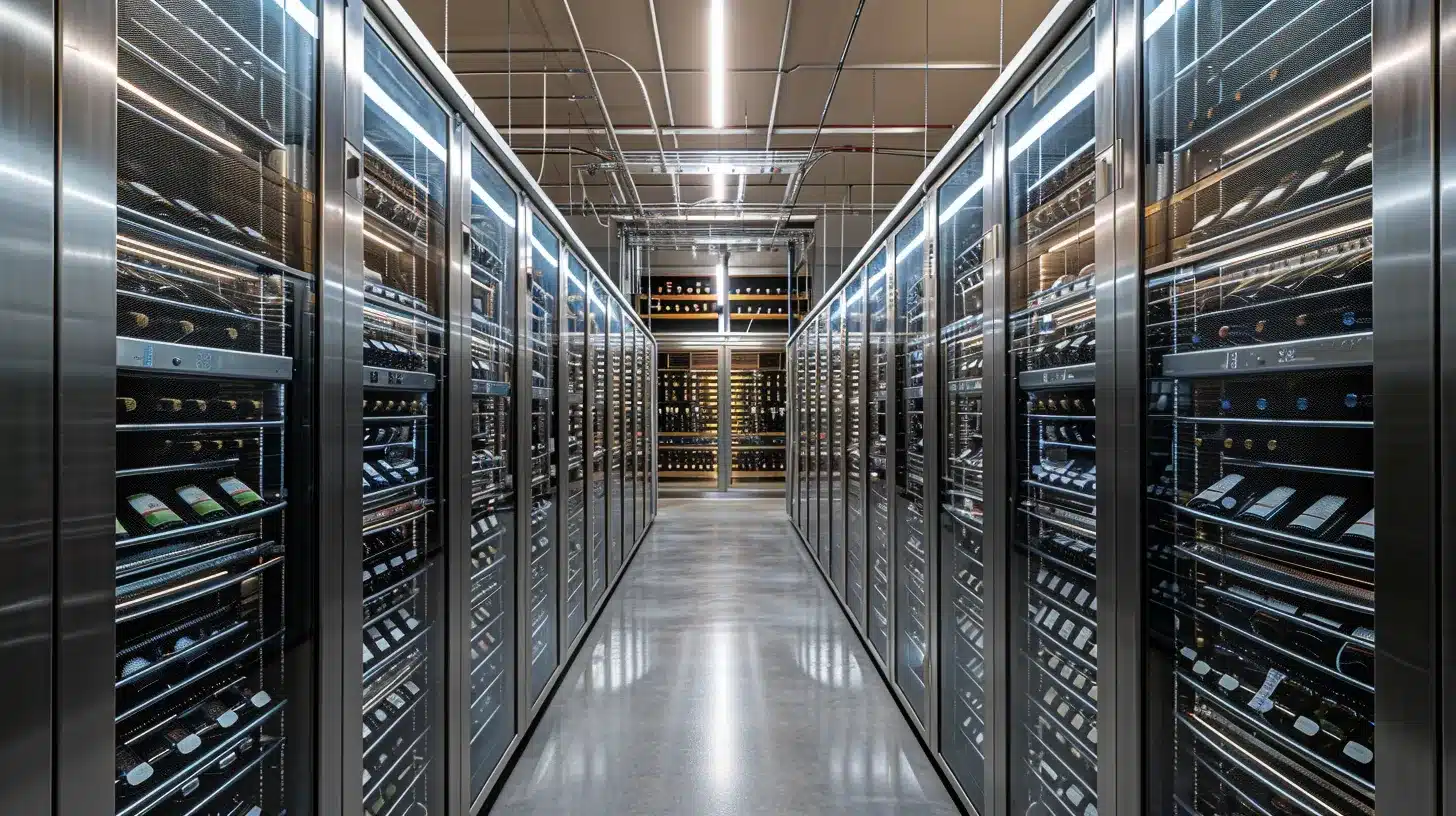 a meticulously organized walk-in cooler showcases unobstructed air vents and clean condenser coils, illuminated by bright overhead lighting that highlights the crisp freshness of perishable inventory amidst a backdrop that subtly references the historic significance of the nearby william mckinley presidential library and museum.