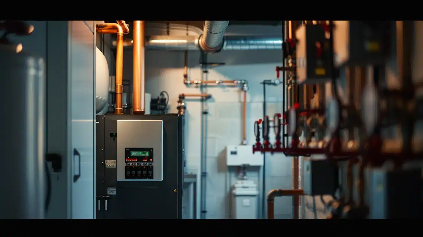 a modern, efficiently designed boiler system stands prominently in a well-lit home utility room, surrounded by clear indicators of energy efficiency, with a subtle backdrop of home heating elements reflecting heightened performance awareness.