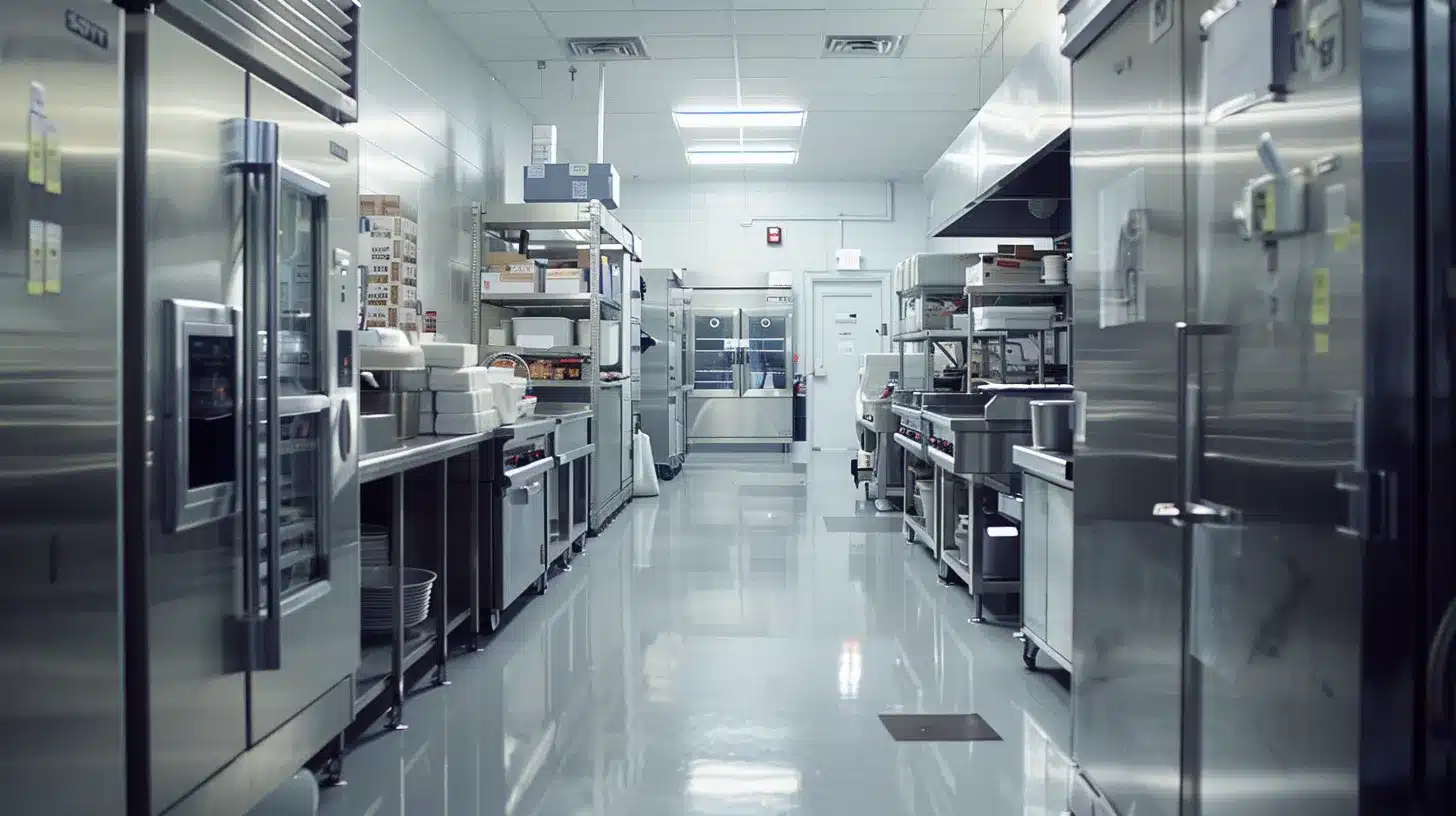 a pristine industrial kitchen in columbus, ohio, featuring meticulously organized coolers, gleaming surfaces, and safety signage prominently displayed, conveying a commitment to health and safety compliance.