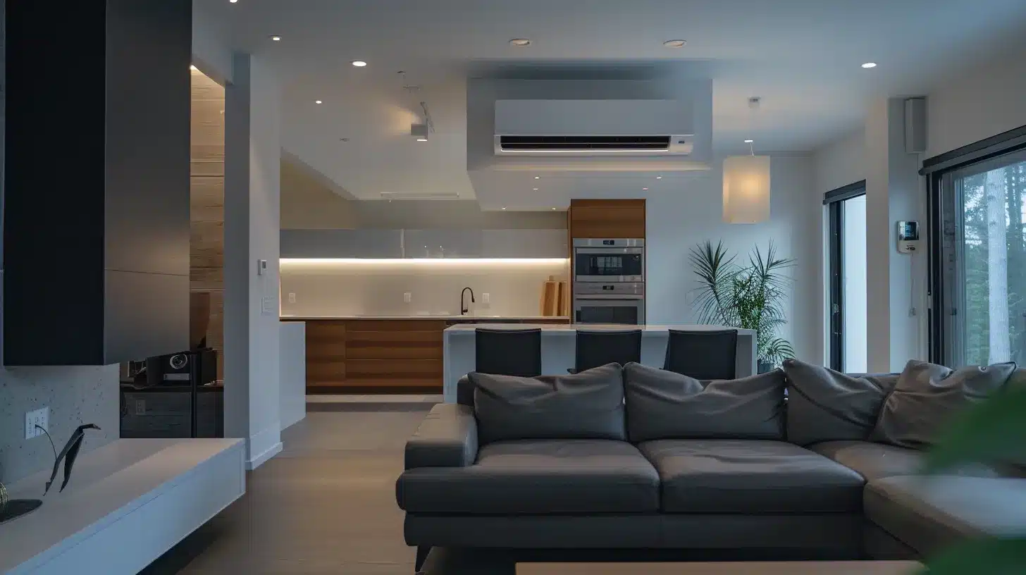 a sleek, modern home in columbus showcases a stylish ductless mini-split hvac system, seamlessly blending into the minimalist interior, with soft ambient lighting highlighting its innovative design and smart technology features.