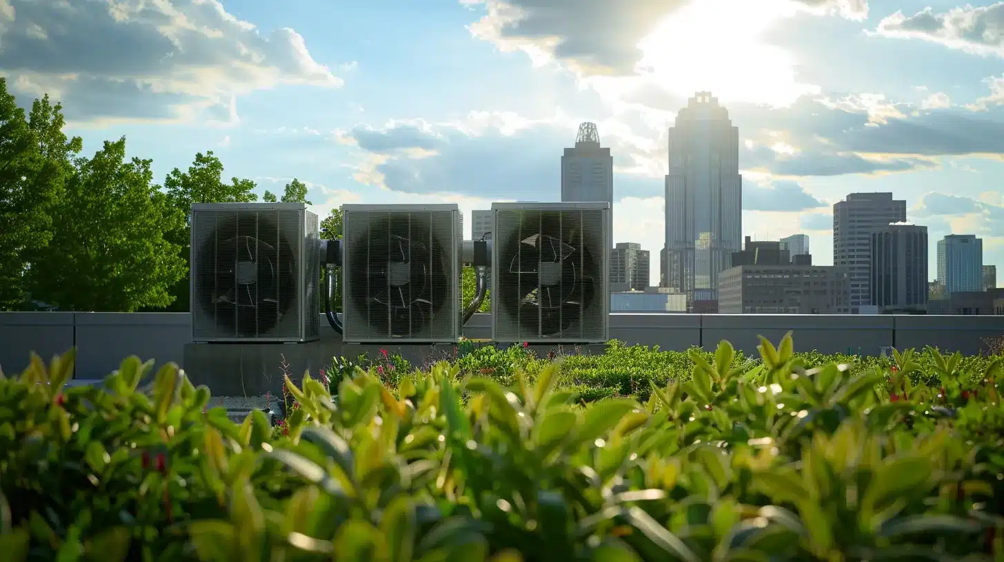 a sleek, modern hvac system is showcased against a backdrop of a sunny columbus skyline, highlighting its energy-efficient features with vibrant greenery symbolizing reduced environmental impact.