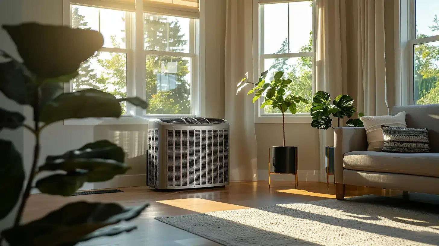 a sleek, modern hvac system is showcased in a cozy home environment in columbus, illuminated by warm sunlight filtering through energy-efficient windows, emphasizing the harmony between comfort and sustainability.