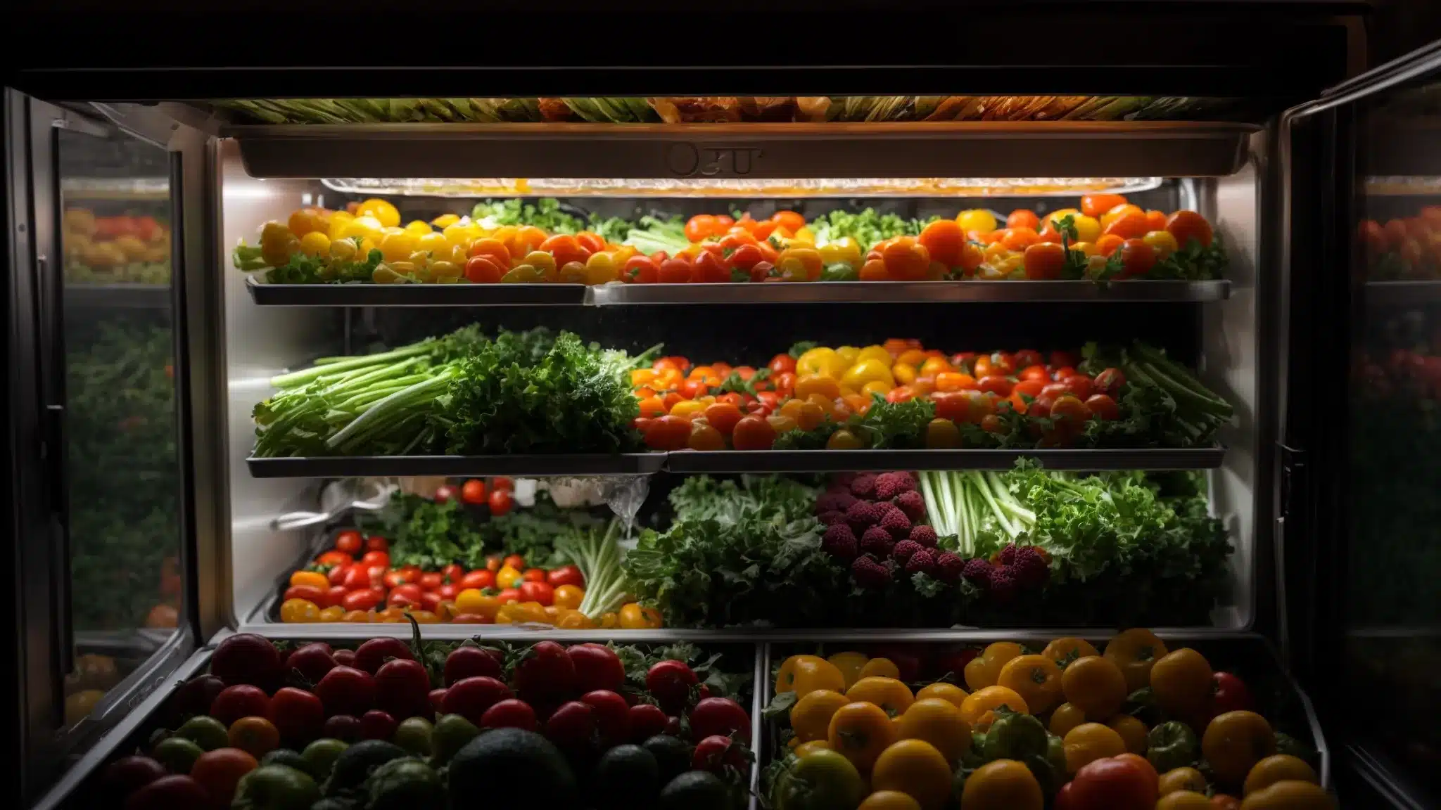 a close-up of a walk-in cooler door, slightly ajar with visible condensation, illuminated by harsh overhead lighting, revealing an array of wilting vegetables and frost accumulation inside, emphasizing the urgent need for repair.