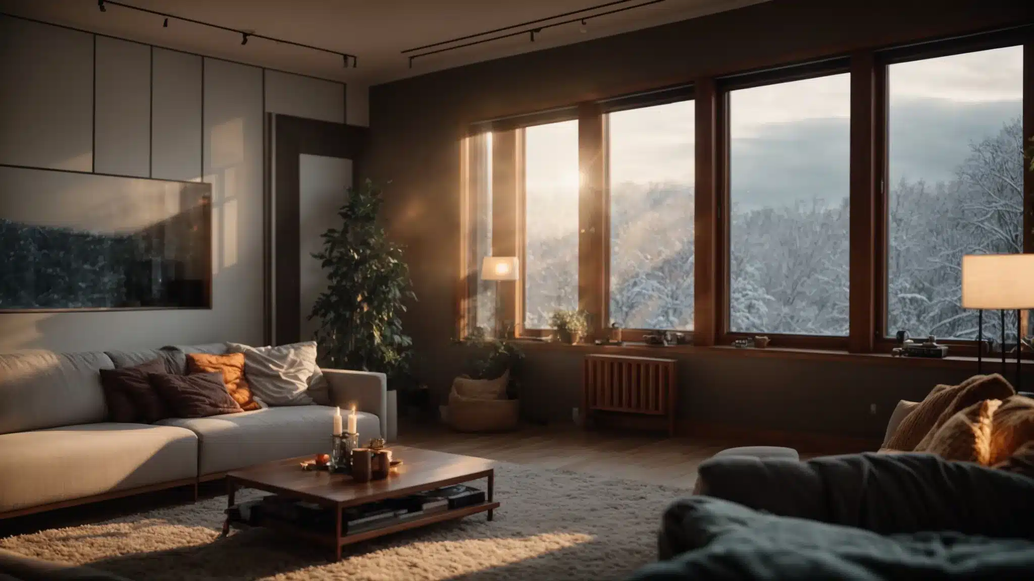 a cozy living room with a visibly frosty window contrasted by a warm, glowing thermostat, highlighting the stark temperature discrepancy and the urgency for hvac maintenance.