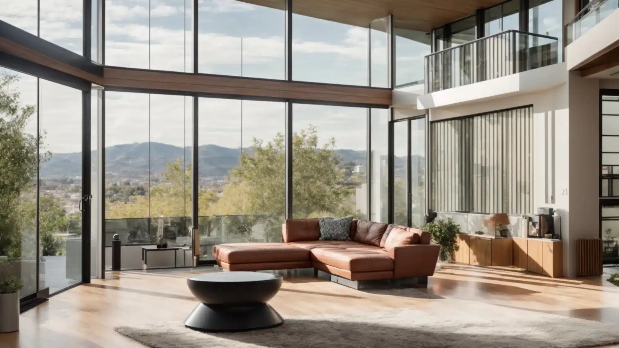 a sleek, modern hvac system is showcased in a bright, energy-efficient home, highlighting its advanced technology and eco-friendly design against a backdrop of large windows allowing natural light to flood the space.