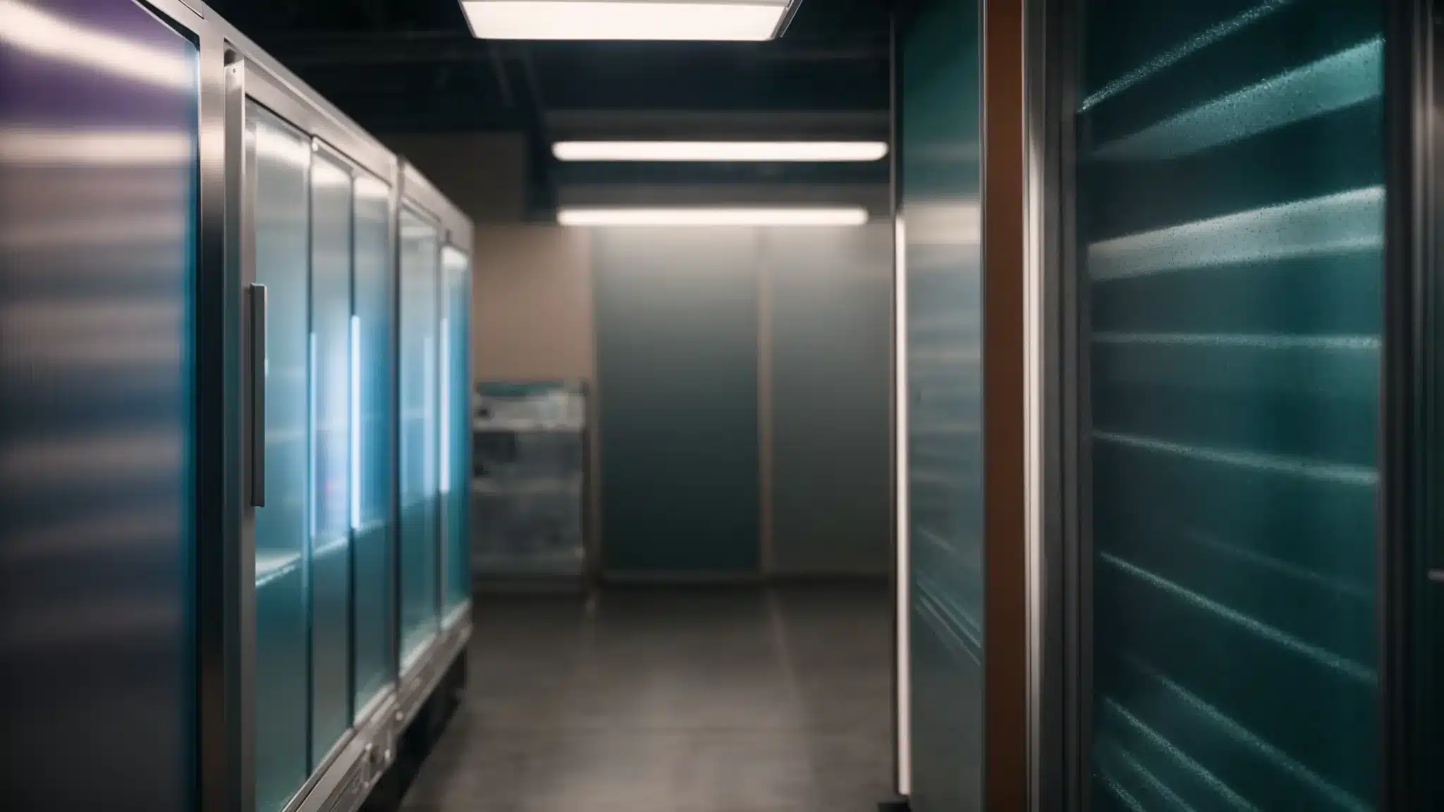 a visually arresting image of a walk-in cooler with a cracked glass door and condensation forming on the interior panels, illuminated by harsh fluorescent lighting, emphasizing the urgent need for repair.