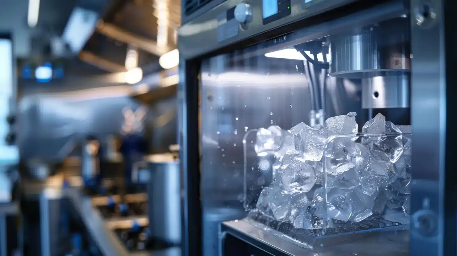 a close-up of a gleaming, modern ice machine with visible components undergoing maintenance in a brightly lit industrial kitchen, showcasing the importance of regular upkeep for optimal functionality.