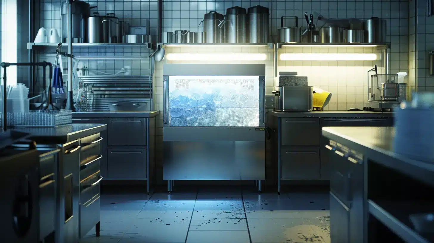 a gleaming ice machine in a pristine food service environment, surrounded by tools and maintenance supplies, illuminated by soft overhead lighting that highlights its impeccable cleanliness and efficient design, symbolizing reliability and optimal performance.