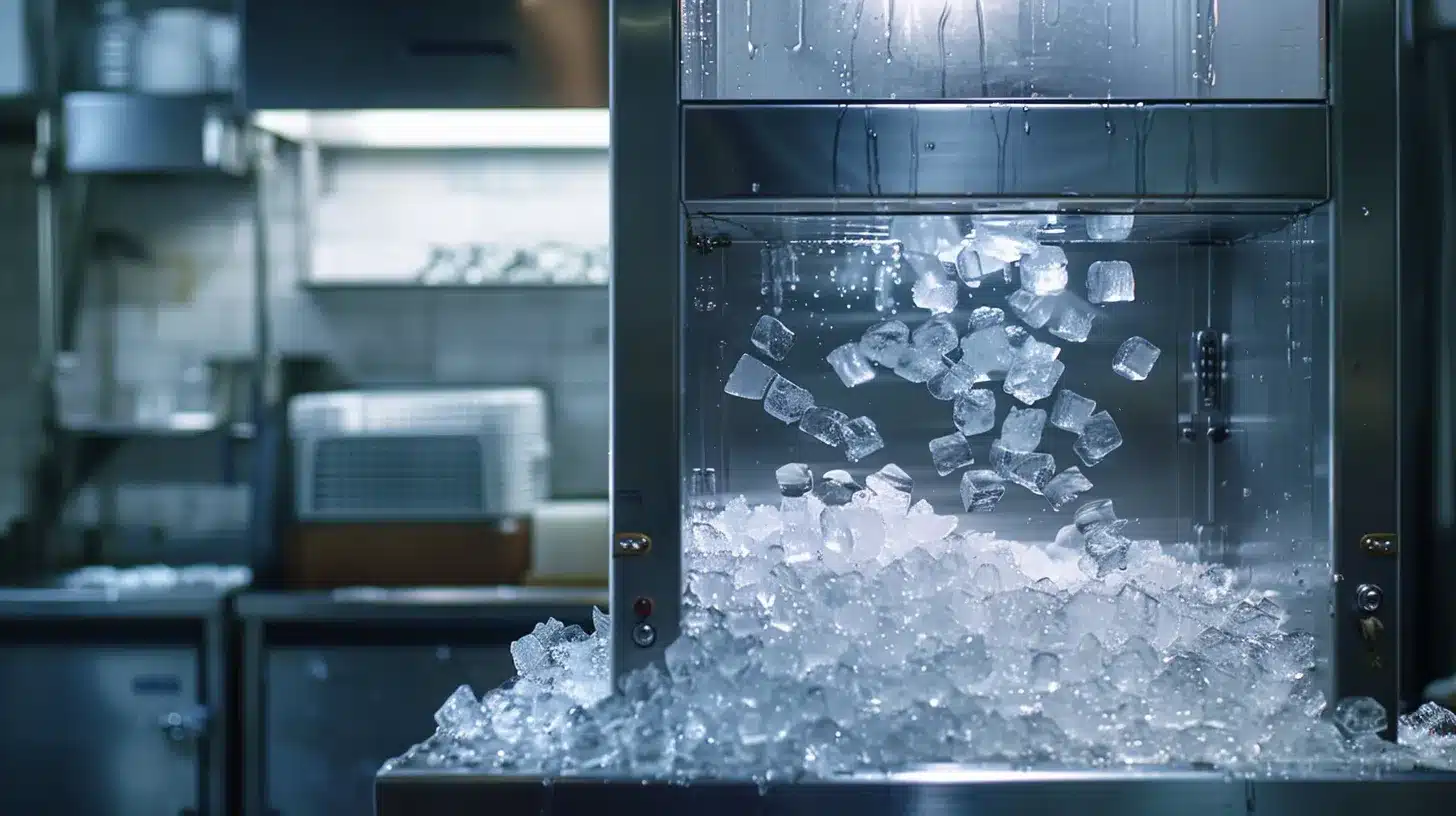 a pristine commercial ice machine stands in a well-lit kitchen, showcasing crystal-clear ice cubes spilling from its chute, symbolizing efficiency and reliability amidst a backdrop of sleek stainless steel appliances.