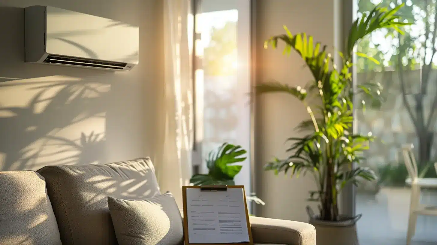 a serene living room bathed in warm, natural light, featuring a sleek, modern air conditioning unit, symbolizing comfort and the importance of proactive maintenance, with a clipboard and plant nearby to emphasize organization and care.