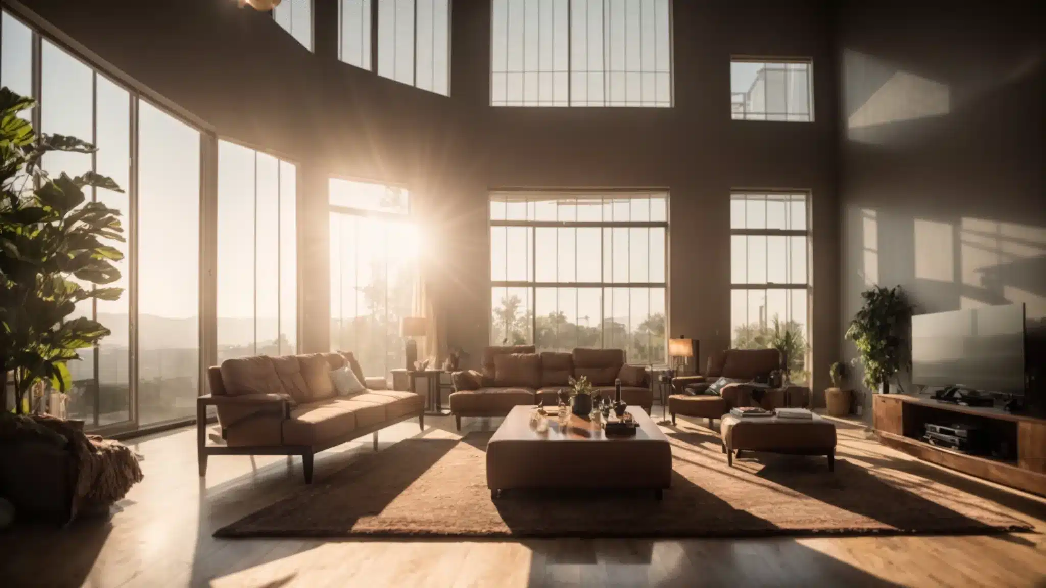 a dramatic, sunlit living room filled with palpable tension, showcasing a distressed family seeking refuge from the oppressive heat, surrounded by a malfunctioning air conditioning unit.