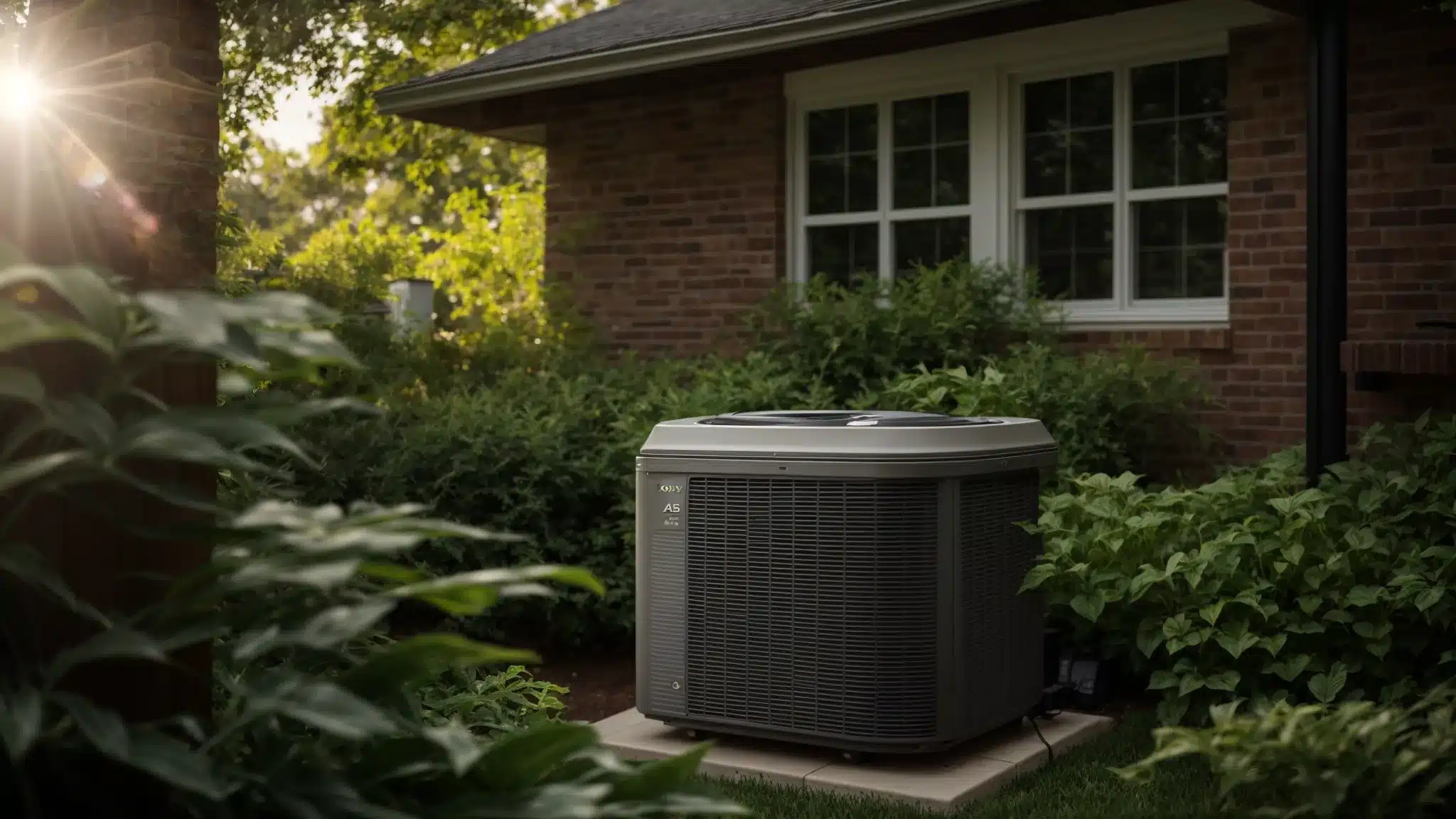 a serene suburban home in columbus, ohio, showcases a brand-new air conditioning unit peacefully installed outside, bathed in warm afternoon light against a backdrop of lush greenery.