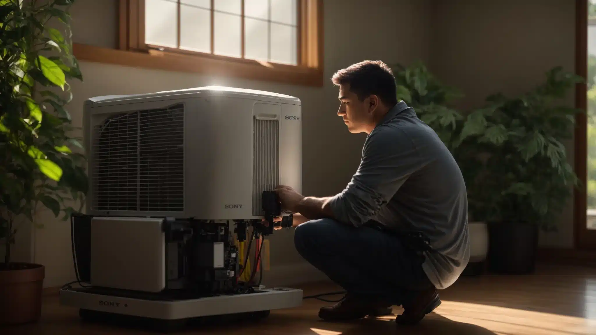 a technician thoughtfully examines a modern air conditioning unit amid a sunlit columbus home, showcasing the importance of maintenance and informed decision-making in air conditioning repairs.